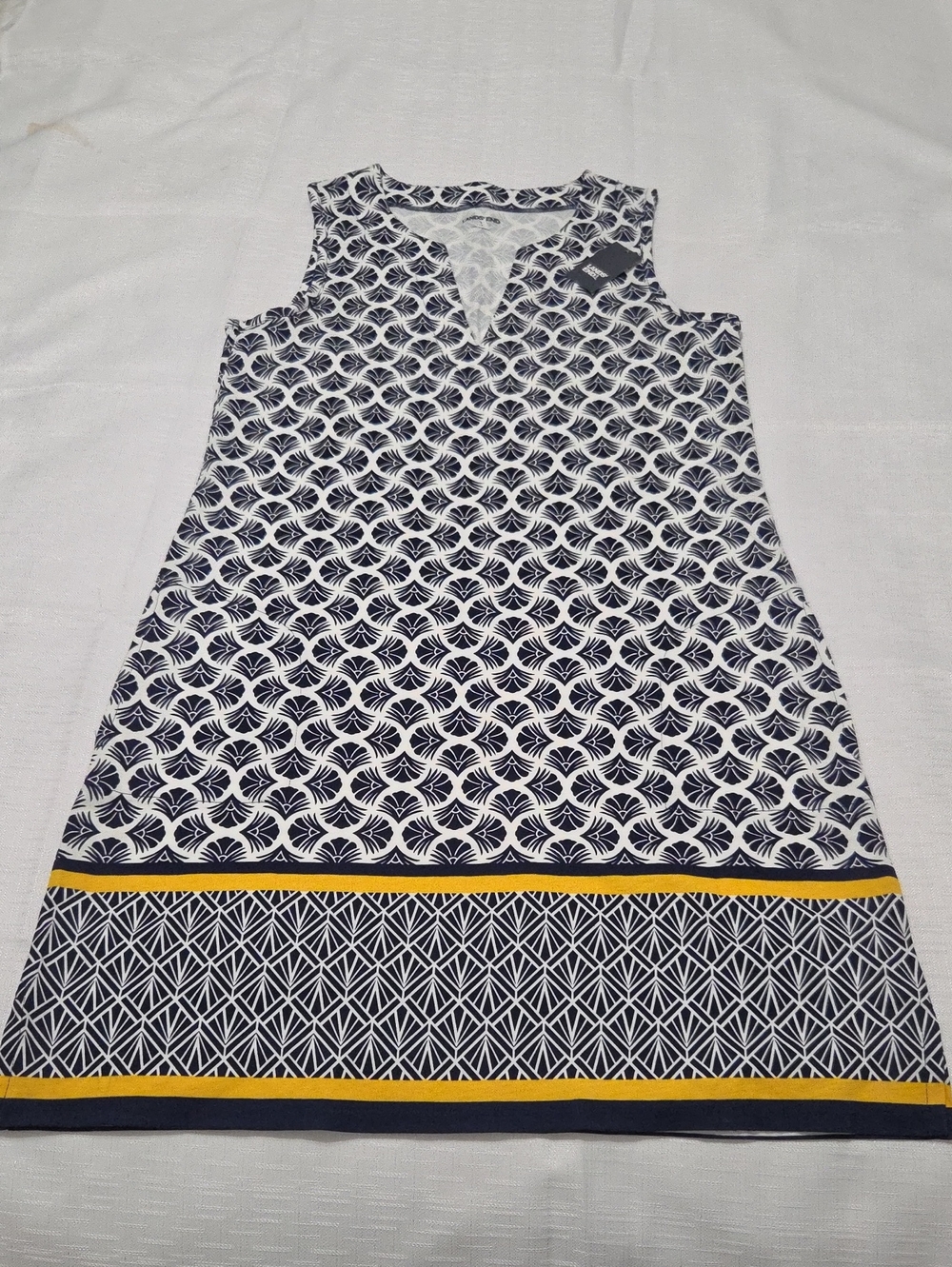 Lands' End Navy and White Geometric Midi Dress with Yellow Trim